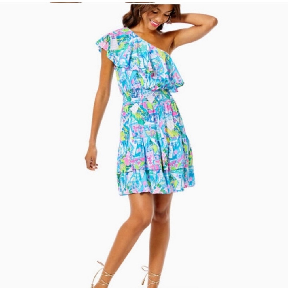 Lilly Pulitzer one-shoulder ruffle Addilyn dress large Wish You Were Here